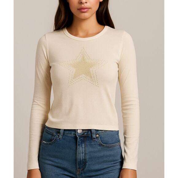 Y2K Spit Cream Long Sleeve Star Top Vintage 2000s Star Graphic Minimal Aesthetic - Picture 1 of 8